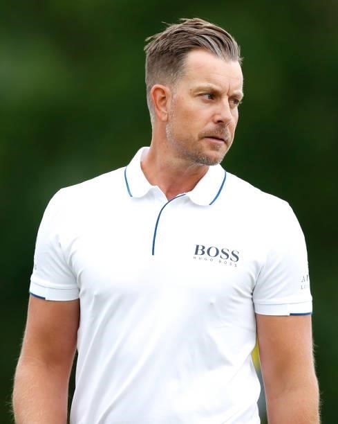 Henrik Stenson of Sweden looks on from the 18th hole during Day One of The D+D Real Czech Masters at Albatross Golf Resort on August 19, 2021 in...