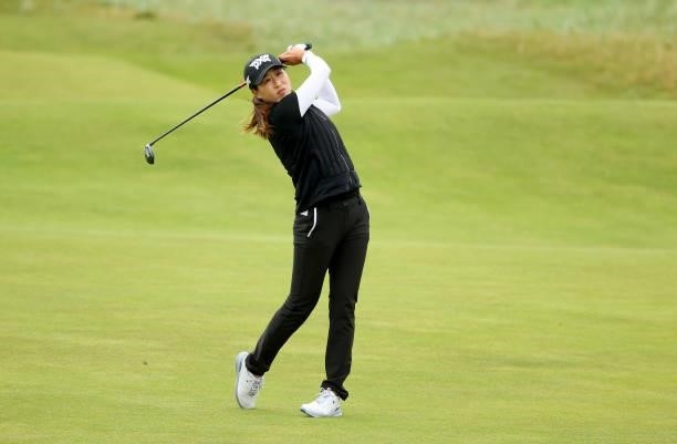 Jennifer Song of The United States plays her second shot on the 18th hole during the first round of the AIG Women's Open at Carnoustie Golf Links on...