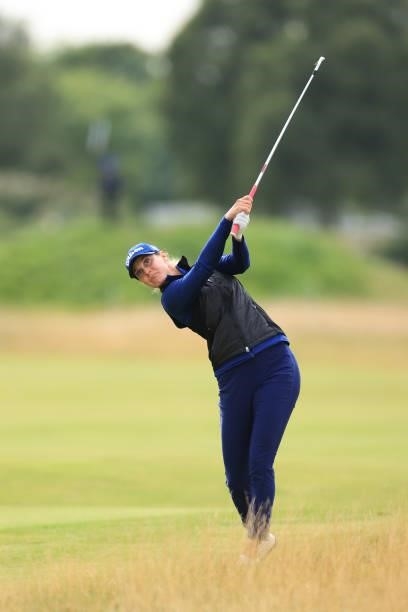 Sanna Nuutinen of Finland plays her second shot on the tenth hole during Day One of the AIG Women's Open at Carnoustie Golf Links on August 19, 2021...
