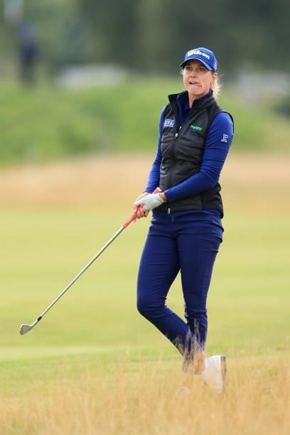 Sanna Nuutinen of Finland looks on after playing her second shot on the tenth hole during Day One of the AIG Women's Open at Carnoustie Golf Links on...