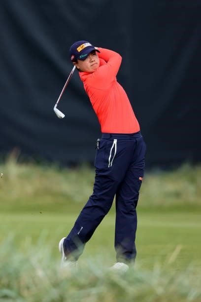 Yuka Saso of Philippines tees off on the seventeenth hole during Day One of the AIG Women's Open at Carnoustie Golf Links on August 19, 2021 in...