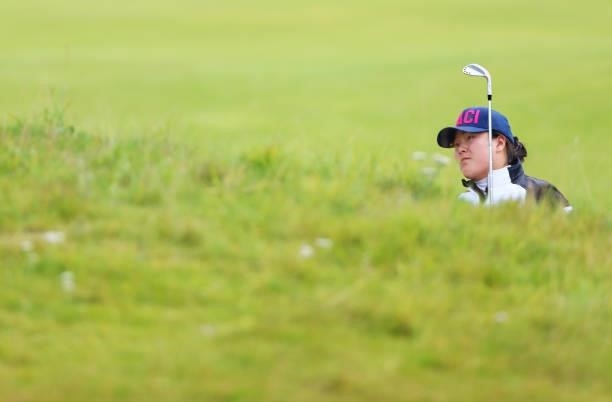Angel Yin of The United States plays her third shot on the fifteenth hole during Day One of the AIG Women's Open at Carnoustie Golf Links on August...