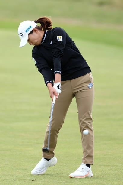 Hinako Shibuno of Japan plays her second shot on the eighteenth hole during Day One of the AIG Women's Open at Carnoustie Golf Links on August 19,...