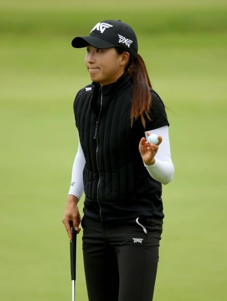 Jennifer Song of The United States on the 18th hole during the first round of the AIG Women's Open at Carnoustie Golf Links on August 19, 2021 in...