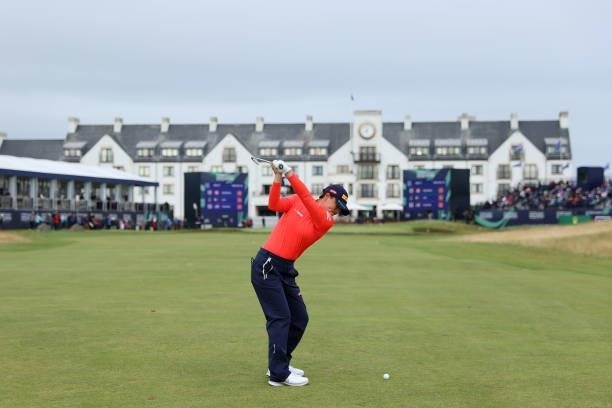 Yuka Saso of Philippines plays her second shot on the eighteenth hole during Day One of the AIG Women's Open at Carnoustie Golf Links on August 19,...