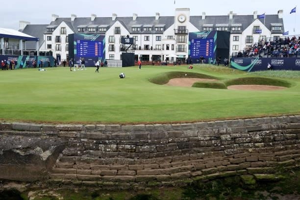 General view of the eighteenth green as Yuka Saso of Philippines putts during Day One of the AIG Women's Open at Carnoustie Golf Links on August 19,...