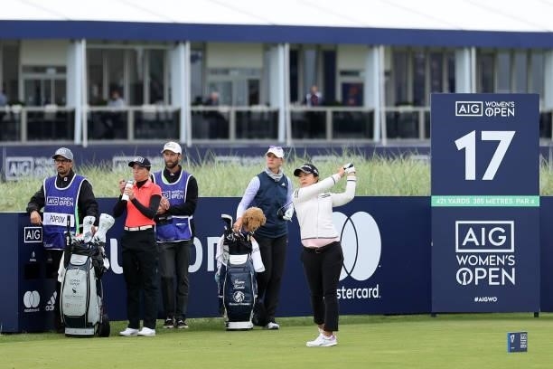 Sei Young Kim of South Korea tees off on the seventeenth hole during Day One of the AIG Women's Open at Carnoustie Golf Links on August 19, 2021 in...
