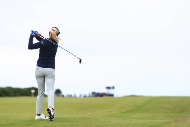 Lexi Thompson of The United States plays her second shot on the fourteenth hole during Day One of the AIG Women's Open at Carnoustie Golf Links on...