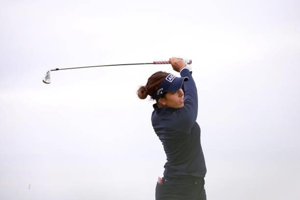 Georgia Hall of England tees off on the seventeenth hole during Day One of the AIG Women's Open at Carnoustie Golf Links on August 19, 2021 in...