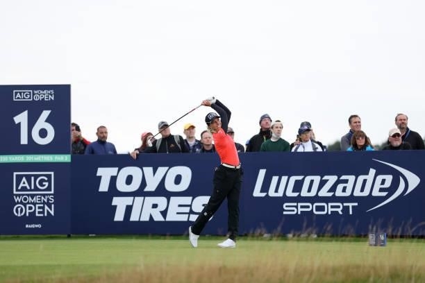 Sophia Popov of Germany tees off on the sixteenth hole during Day One of the AIG Women's Open at Carnoustie Golf Links on August 19, 2021 in...