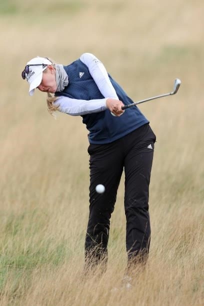 Jessica Korda of The United States plays her second shot on the fifteenth hole during Day One of the AIG Women's Open at Carnoustie Golf Links on...