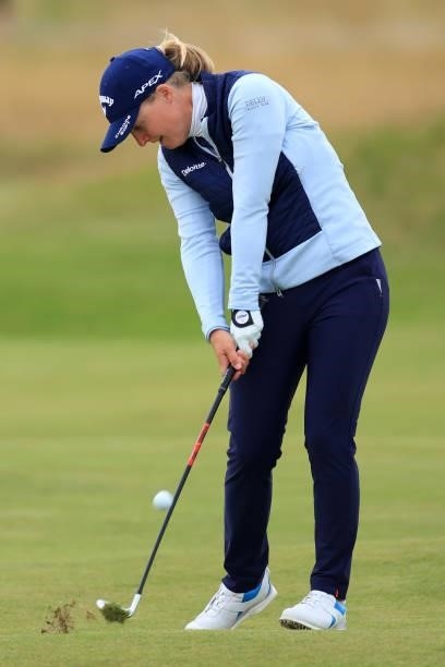 Manon de Roey of Belgium plays her third shot on the fourth hole during Day One of the AIG Women's Open at Carnoustie Golf Links on August 19, 2021...