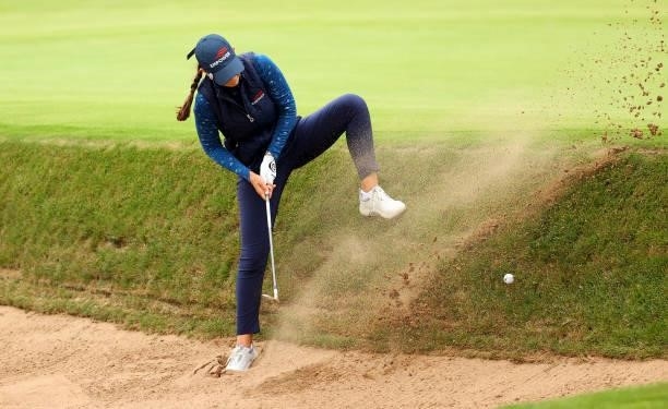Cheyenne Knight of The United States plays her third shot on the 18th hole during the first round of the AIG Women's Open at Carnoustie Golf Links on...