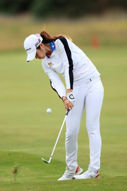 Pannarat Thanapolboonyaras of Thailand plays her second shot on the fourth hole during Day One of the AIG Women's Open at Carnoustie Golf Links on...
