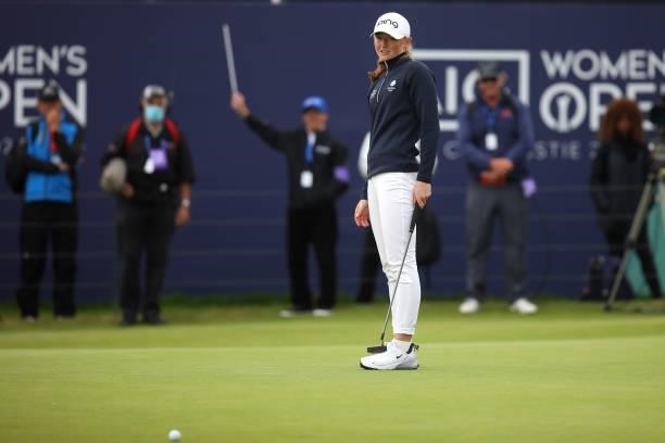 Louise Duncan of Scotland reacts to a putt on the eighteenth green during Day One of the AIG Women's Open at Carnoustie Golf Links on August 19, 2021...