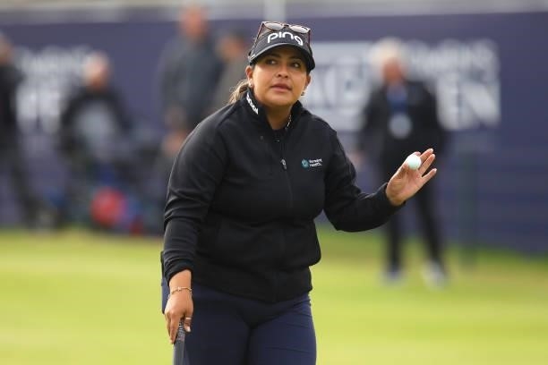Lizette Salas of The United States acknowledges the crowd after putting on the eighteenth green during Day One of the AIG Women's Open at Carnoustie...