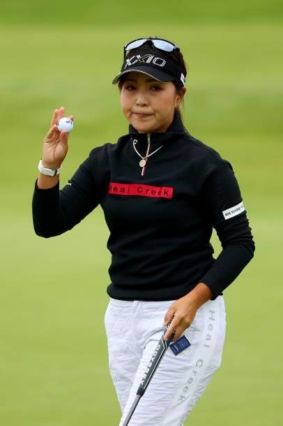 Serena Aoki of Japan on the 18th hole during the first round of the AIG Women's Open at Carnoustie Golf Links on August 19, 2021 in Carnoustie,...