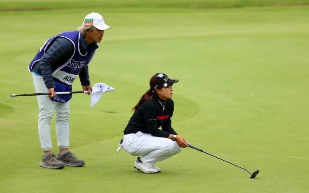 Serena Aoki of Japan on the 18th hole during the first round of the AIG Women's Open at Carnoustie Golf Links on August 19, 2021 in Carnoustie,...