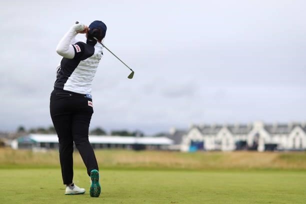Angel Yin of The United States tees off on the sixteenth hole during Day One of the AIG Women's Open at Carnoustie Golf Links on August 19, 2021 in...