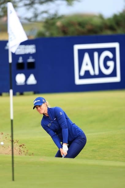 Sanna Nuutinen of Finland plays her third shot on the tenth hole during Day One of the AIG Women's Open at Carnoustie Golf Links on August 19, 2021...