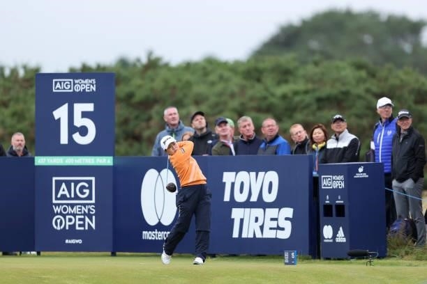 Nasa Hataoka of Japan tees off on the fifteenth hole during Day One of the AIG Women's Open at Carnoustie Golf Links on August 19, 2021 in...