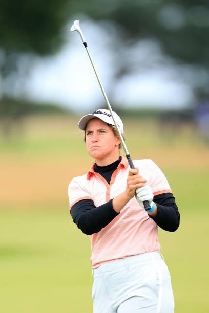 Leonie Harm of Germany plays her second shot on the eleventh hole during Day One of the AIG Women's Open at Carnoustie Golf Links on August 19, 2021...