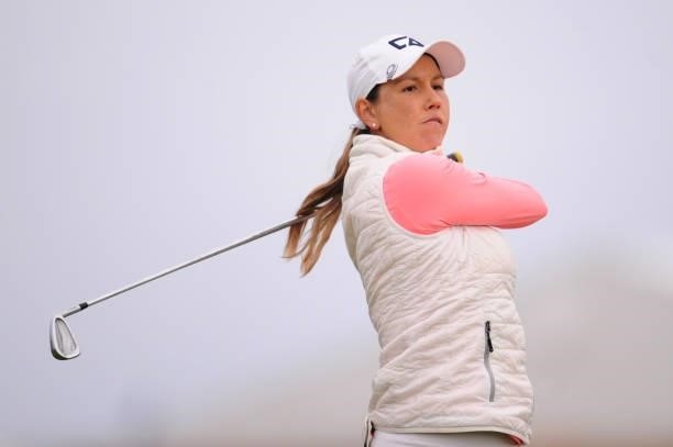 Whitney Hillier of Australia tees off on the seventeenth hole during Day One of the AIG Women's Open at Carnoustie Golf Links on August 19, 2021 in...