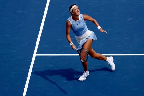 Victoria Azarenka of Belarus plays Ashleigh Barty of Australia during the Western & Southern Open at Lindner Family Tennis Center on August 19, 2021...