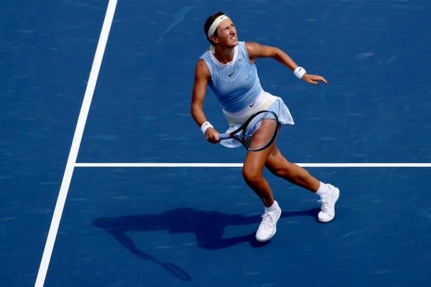 Victoria Azarenka of Belarus plays Ashleigh Barty of Australia during the Western & Southern Open at Lindner Family Tennis Center on August 19, 2021...
