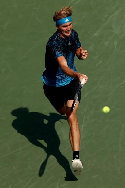 Alexander Zverev of Germany returns a shot to Guido Pella of Argentina during the Western & Southern Open at Lindner Family Tennis Center on August...