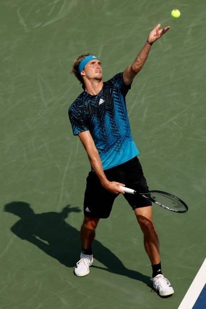 Alexander Zverev of Germany serves to Guido Pella of Argentina during the Western & Southern Open at Lindner Family Tennis Center on August 19, 2021...