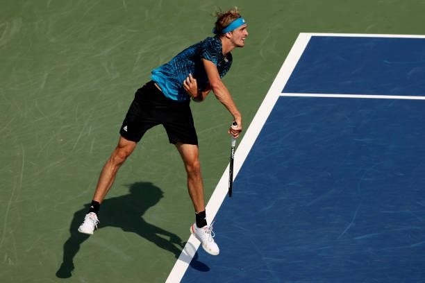 Alexander Zverev of Germany serves to Guido Pella of Argentina during the Western & Southern Open at Lindner Family Tennis Center on August 19, 2021...