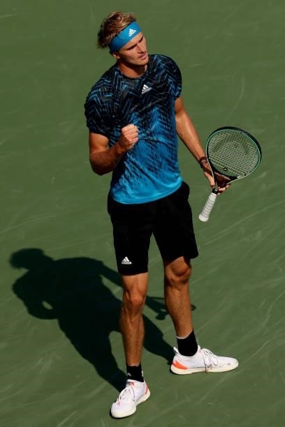 Alexander Zverev of Germany celebrates a point while playing Guido Pella of Argentina during the Western & Southern Open at Lindner Family Tennis...