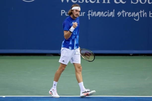 Stefanos Tsitsipas of Greece reacts after winning a point during his match against Lorenzo Sonego of Italy during Western & Southern Open - Day 5 at...