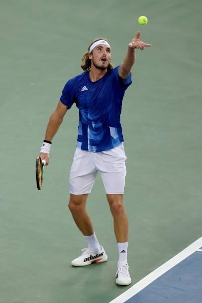 Stefanos Tsitsipas of Greece serves during his match against Lorenzo Sonego of Italy during Western & Southern Open - Day 5 at the Lindner Family...