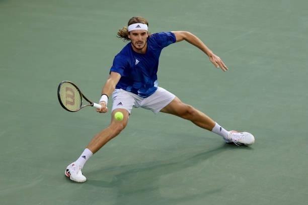 Stefanos Tsitsipas of Greece plays a forehand during his match against Lorenzo Sonego of Italy during Western & Southern Open - Day 5 at the Lindner...