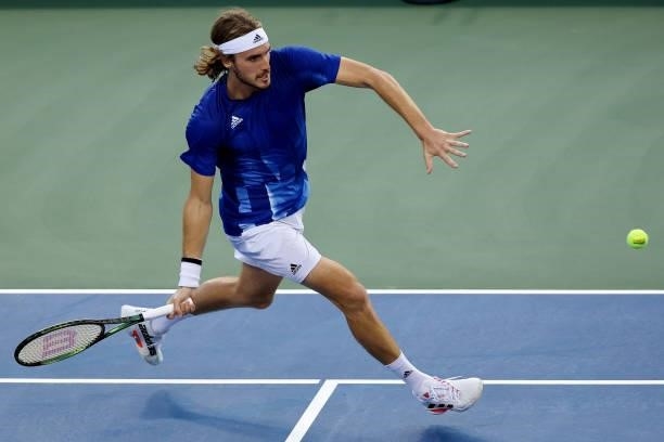 Stefanos Tsitsipas of Greece plays a forehand during his match against Lorenzo Sonego of Italy during Western & Southern Open - Day 5 at the Lindner...