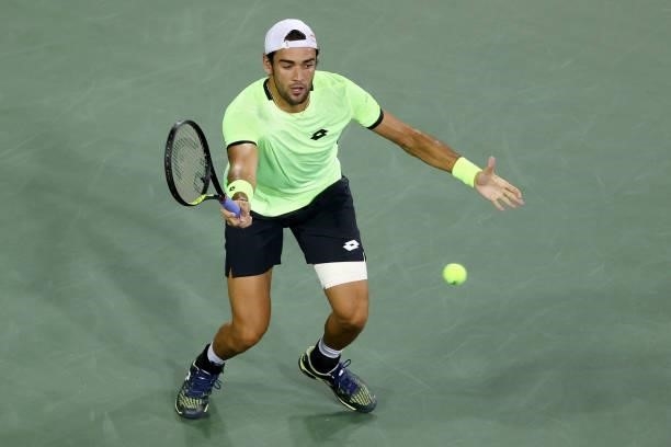 Matteo Berrettini of Italy plays a forehand during his match against Felix Auger-Aliassime of Canada during Western & Southern Open - Day 5 at the...
