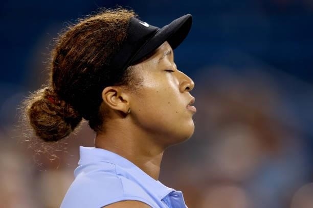 Naomi Osaka of Japan plays Jill Teichmann of Switzerland during the Western & Southern Open at Lindner Family Tennis Center on August 19, 2021 in...