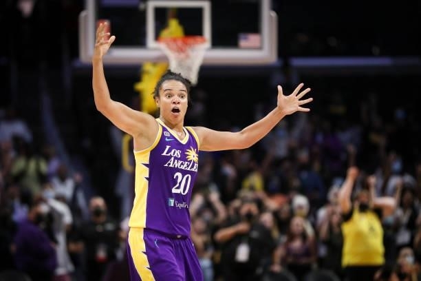Kristi Toliver of the Los Angeles Sparks reacts to a game-winning shot by Nneka Ogwumike in the second half against the Atlanta Dream at Staples...