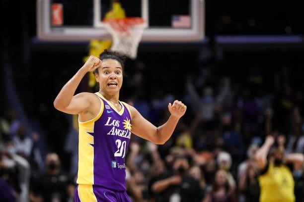 Kristi Toliver of the Los Angeles Sparks reacts to a game-winning shot by Nneka Ogwumike in the second half against the Atlanta Dream at Staples...