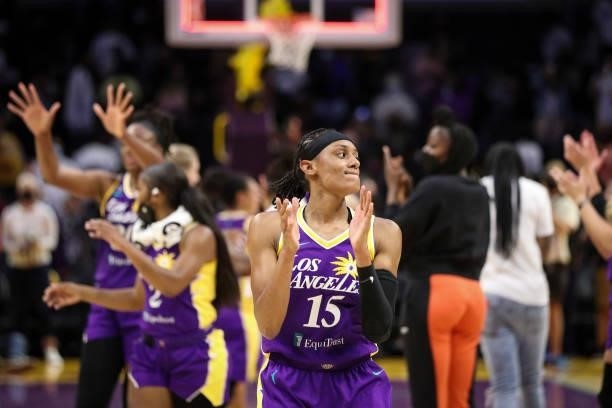Brittney Sykes of the Los Angeles Sparks reacts to the win over the Atlanta Dream at Staples Center on August 19, 2021 in Los Angeles, California....