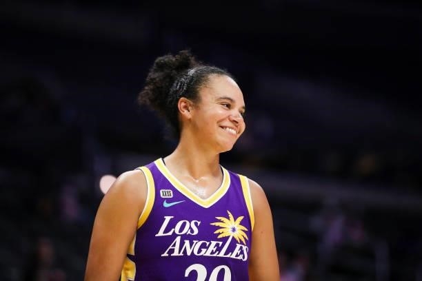 Kristi Toliver of the Los Angeles Sparks reacts during the game against the Atlanta Dream at Staples Center on August 19, 2021 in Los Angeles,...
