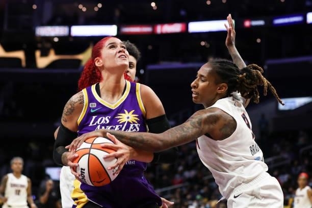 Amanda Zahui B of the Los Angeles Sparks looks to shoot against Crystal Bradford of the Atlanta Dream in the second half at Staples Center on August...