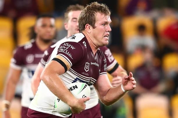 Jake Trbojevic of the Sea Eagles in action during the round 23 NRL match between the Canberra Raiders and the Manly Sea Eagles at Suncorp Stadium, on...