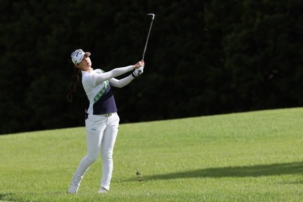 Asuka Kashiwabara of Japan hits her third shot on the 1st hole during the first round of the CAT Ladies at Daihakone Country Club on August 20, 2021...