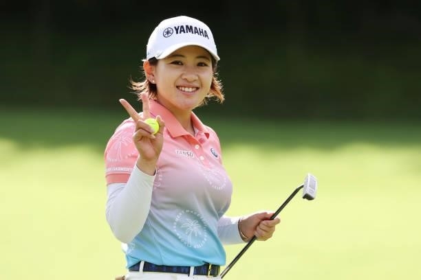 Kana Nagai of Japan celebrates after making her birdie putt on the 1st hole during the first round of the CAT Ladies at Daihakone Country Club on...
