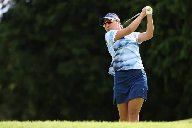 Eri Okayama of Japan hits her tee shot on the 2nd hole during the first round of the CAT Ladies at Daihakone Country Club on August 20, 2021 in...