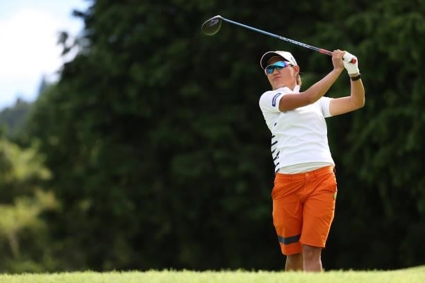Mao Nozawa of Japan hits her tee shot on the 2nd hole during the first round of the CAT Ladies at Daihakone Country Club on August 20, 2021 in...
