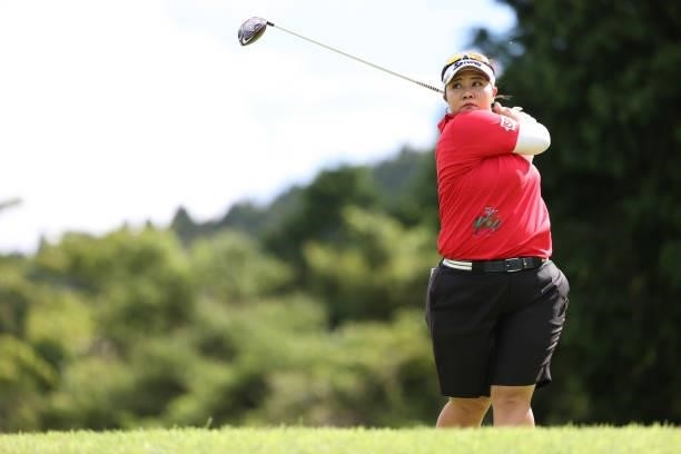 Miki Sakai of Japan hits her tee shot on the 2nd hole during the first round of the CAT Ladies at Daihakone Country Club on August 20, 2021 in...